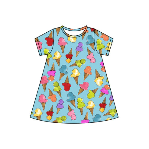 4.22 GSD2498 Baby Girls Blue Short Sleeves Colorful Ice Cream Knee Length Dresses Preorder