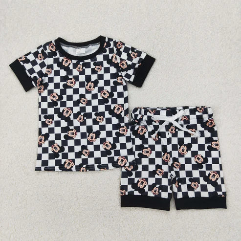 4.2 GSSO2233 Baby Girls Black Checkered Mouse Top Tee Shorts Clothes Set