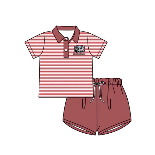 6.21 Custom Moq 3 Baby Boys Short Sleeves Red Stripe Button Alabama Top Shorts Team Set