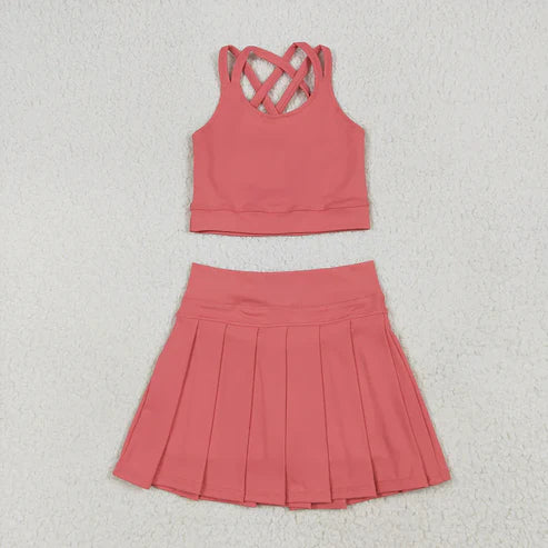 6.26 2 Colors Baby Girls Pink Strap Vest Top Pleated Skort Yoga Sets