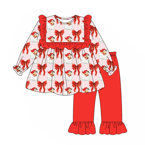 5.20 GLP2347 Baby Girls Long Sleeves Red Santa Bows Tunic Ruffle Pant Set Preorder