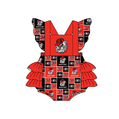 4.26 Preorder Moq 3 Baby Girls Team Dogs Ruffle Rompers