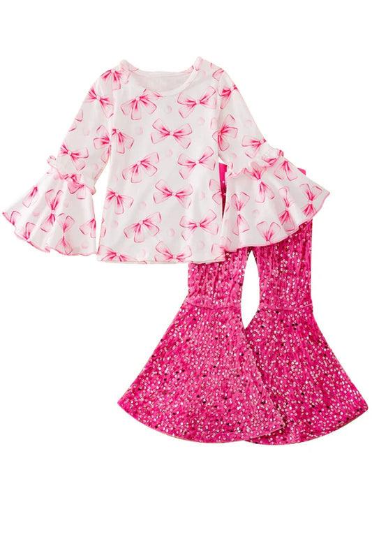 5.28 GLP1991 Baby Girls Pink Bows Tops Sequin Bell Pants Clothes Sets Preorder