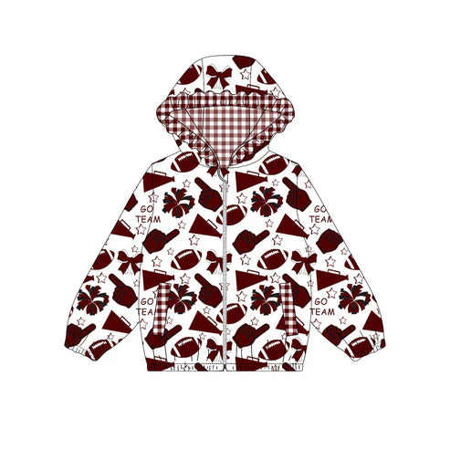 10.14 Custom Moq 8 Baby Girls Red Black Football Team Zipper Bows Hoodies Tops