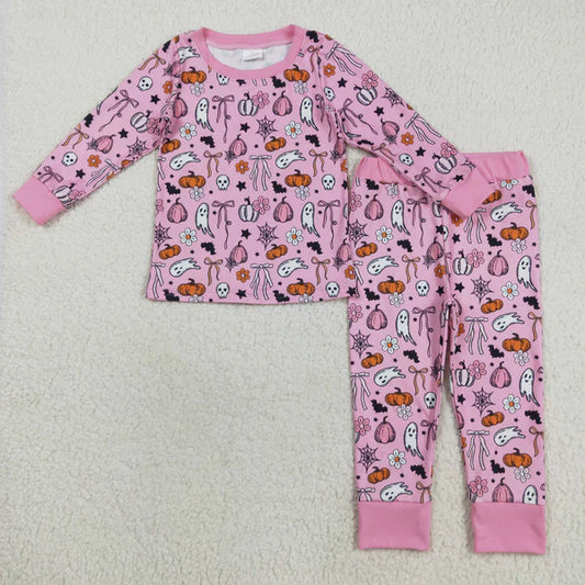 8.15 GLP2567 Baby Girls Long Sleeves Pink Ghost Pumpkins Top Pant Pajamas Set