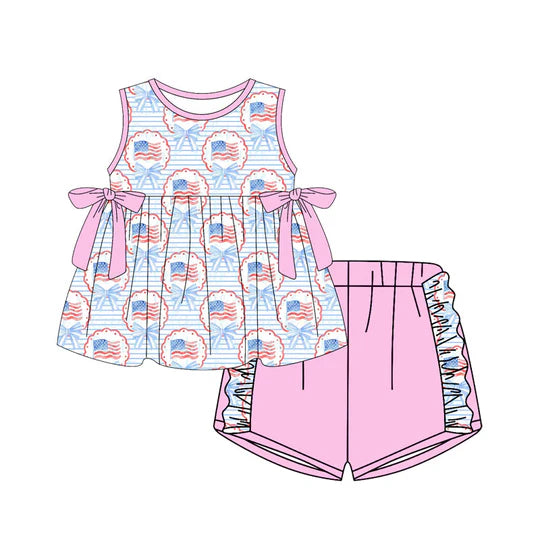 12.20 MOQ：5pcs GSSO3046 pre-order baby girl clothes flag print toddler girl 4th of July summer outfit