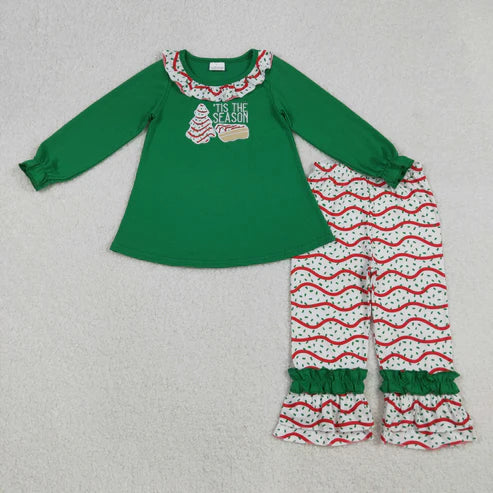 9.26 GLP2518 Baby Girls Green Long Ruffle Sleeves Red Stripe Trees Tunic Pant Set