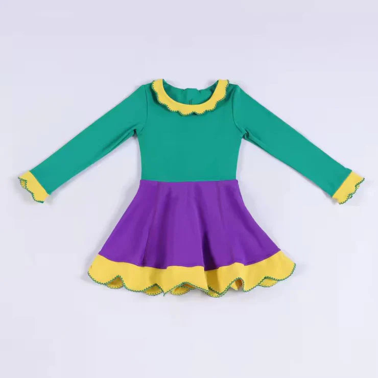 11.22 MOQ:5pcs GLD1517 pre-order toddler girl clothes mardi gras print girl winter yoga dress