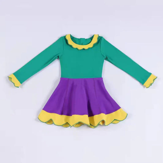 11.22 MOQ:5pcs GLD1517 pre-order toddler girl clothes mardi gras print girl winter yoga dress