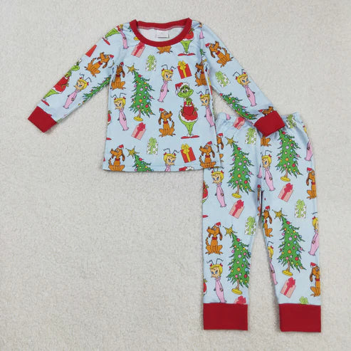 9.6 BLP1189 Baby Boys Long Sleeves Christmas Trees Cartoon Face Top Pant Pajamas Set