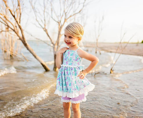 GSSO1675 Baby Girls Mermaid Lace Ruffle Tunic Shorts Clothes Sets Preorder