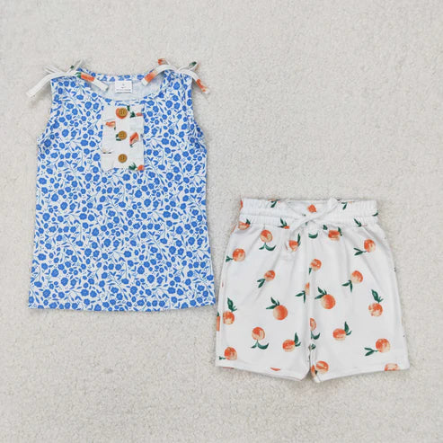 3.29 GSSO2355 Baby Girls Blue Sleeveless Floral Button Top Peach Shorts Set