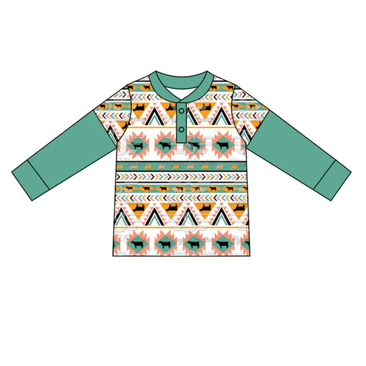 5.28 BT0924 Baby Boys Western Aztec Cow Long Sleeve Tee Shirts Tops Preorder