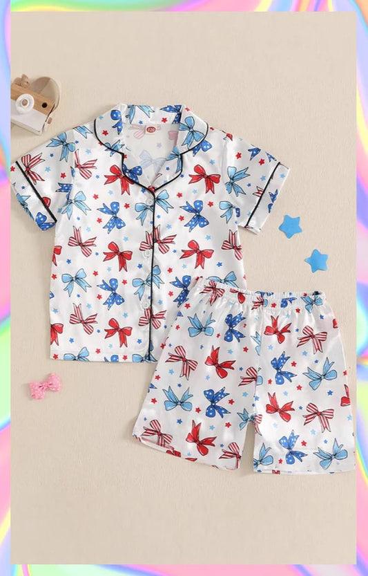 4.4 GSSO2484 Baby Girls Blue Red Bows Button Top Short 4th Of July Pajamas Set Preorder