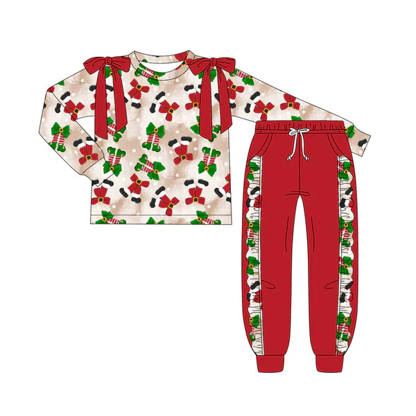 7.9 Custom Moq 3 Baby Girls Long Sleeves Red Green Bows Socks Top Pockets Legging Pants Set