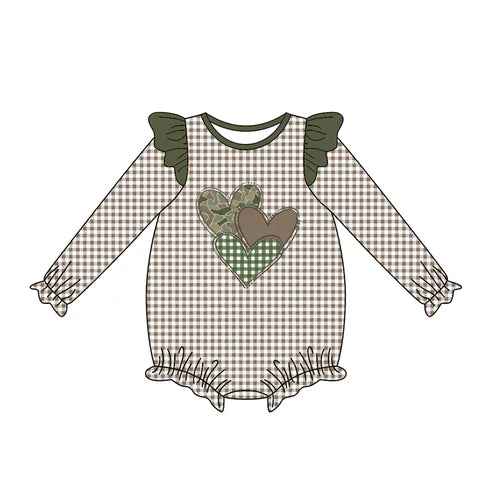 9.19 LR2663 Baby Girls Green Checked Camo Hearts Valentine Ruffle Rompers Preorder