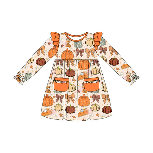 7.26  GLD1221 Baby Girls Long Ruffle Sleeves Pumpkin Bows Pockets Knee Length Dress Preorder