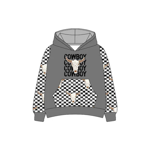 7.5Custom Moq 3 Baby Boys Long Sleeves Bull Skull Cowboy Pocket Hoodies Top