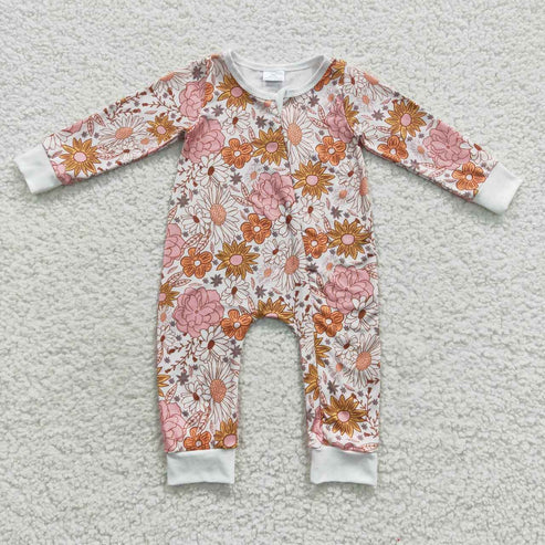 9.20 Sibling Baby Girls Orange Pink Daisy Flowers op Pants Pajamas Sets Zipper Rompers
