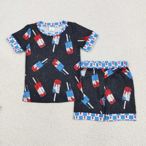5.21 BSSO1401 Baby Boys Black Short Sleeves Popsicle Shirt Shorts 4th Of July Pajamas Set