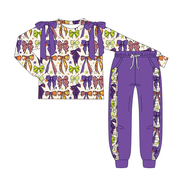7.9 Custom Moq 3 Baby Girls Long Sleeves Purple Bows Plaid Top Pockets Pant Clothes Set