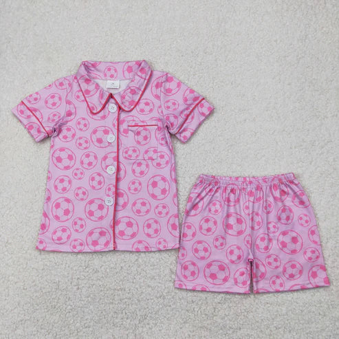 4.14 GSSO1957 Baby Girls Pink Soccer Buttons Shirt Shorts Pajamas Clothes Set