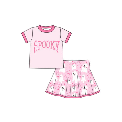 7.28 GSD2776 Baby Girls Pink Short Sleeves Spooky Top Ghosts Bows Plaid Skirts Set Preorder