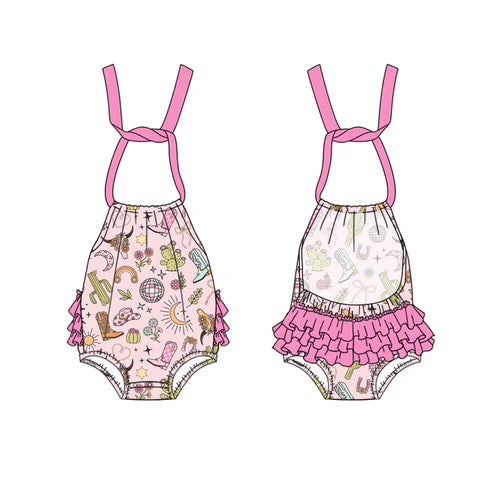 SR2896 Baby Infant Girls Pink Strap Cactus Boots Backless Bubble Rompers Preorder