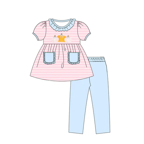 8.8 GSPO2059 Baby Girls Pink Stripes Pumpkins Pockets Tunic Leggings Pant Fall Set Preorder