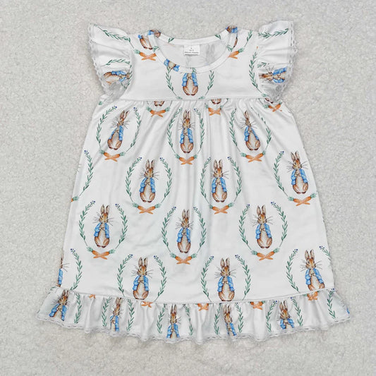 L-3.3 GSD1458 Baby Girls Easter Rabbits Flutter Sleeve Knee Length Dress
