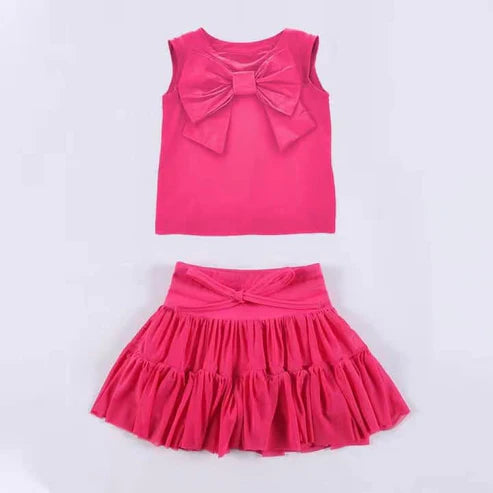 3.20 GSD2195 Baby Girls Hot Pink Sleeveless Bow Top Vest Patchwork Skirt Clothes Set Preorder