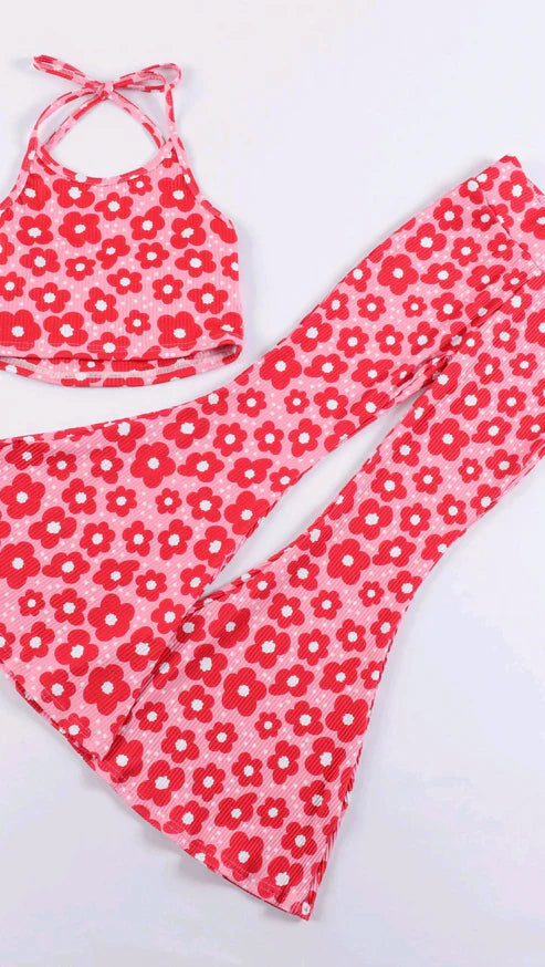 5.19 GSPO2031 Baby Girls Strap Hot Pink Flowers Vest Top Bell Bottom Pant Set Preorder