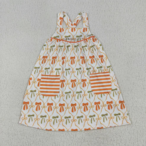 7.10 GSD2676 Baby Girls Straps Orange Bows Pockets Knee Length Dress