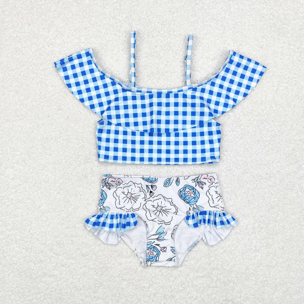 7.25 RTS NO MOQ S0254 Blue plaid lace flower white swimsuit set