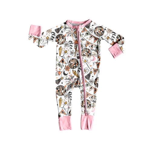 8.29  LR2612 Baby Girls Happy New Year Zipper Footie Rompers Preorder