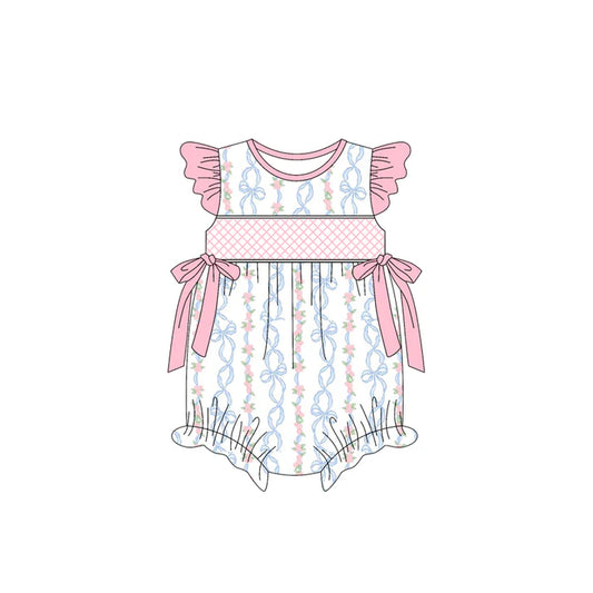 3.23 SR2952 Baby Infant Girls Pink Flutter Sleeves Bows Floral Ruffle Rompers Preorder