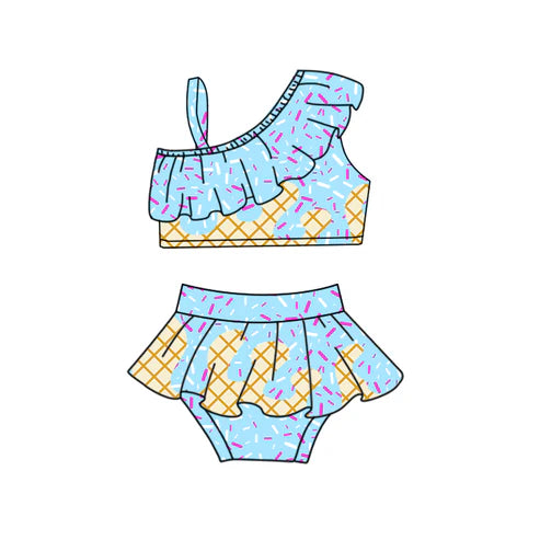 8.7 S0579 Baby Girls Blue Drip Ruffle 2 Pieces Team Swimsuits Preorder