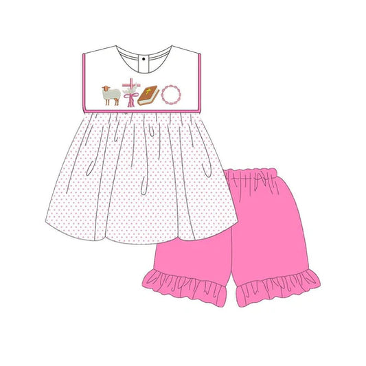 12.12 MOQ:5pcs GSSO3019 pre-order baby girl clothes cross print toddler girl easter summer outfit