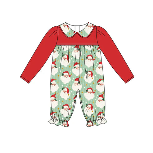 6.6  LR2277 Baby Girls Red Long Sleeves Santa Stars Ruffle Pant Rompers Preorder
