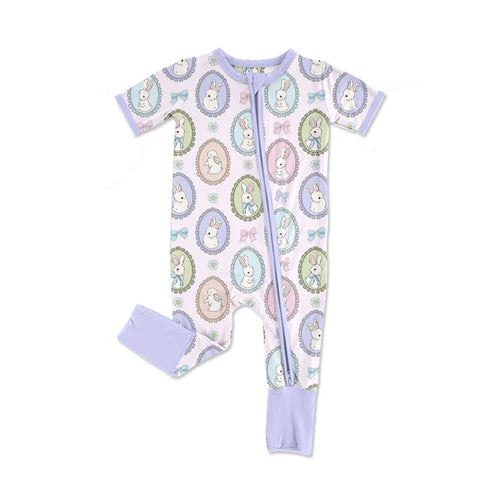 10.21 SR3274 Baby Girls Bows Rabbits Easter Flowers Checked Zipper Footie Rompers Preorder