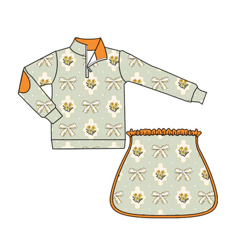 6.14 GLD1079 Baby Girls Long Sleeves Aqua Bows Flowers Plaid Zipper Top Skirts Set Preorder