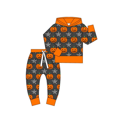 6.10 Custom Moq 3 Baby Kids Halloween Pumpkin Stars Hoodies Top Pant Set