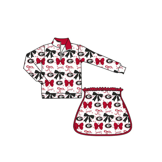 9.5 Custom Moq 5 Baby Girls Red Georgia Bows Team Zip Pullovers Skort Team Clothes Sets