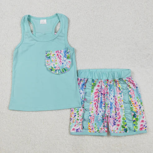 GSSO1982 Baby Girls Aqua Pocket Bow Vest Ruffle Shorts Set