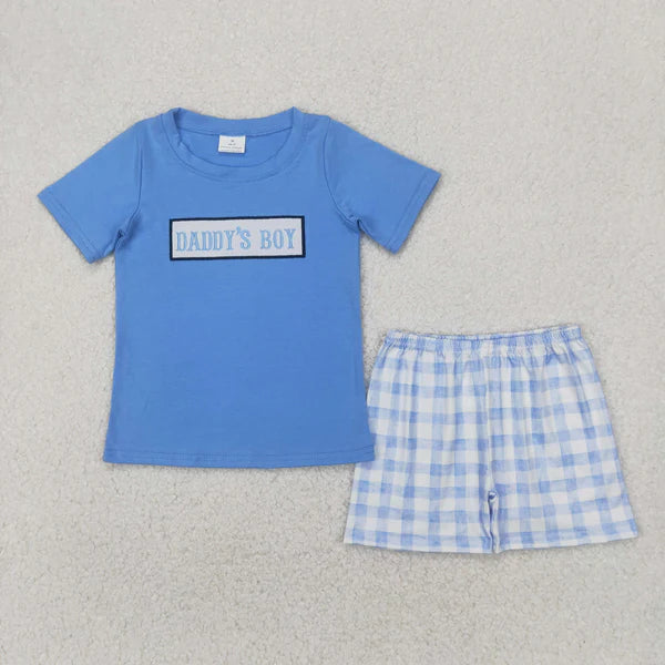 4.8 BSSO1433 Embroidery Baby Boys Blue Short Sleeves DADDY'S BOY Top Plaid Short Set