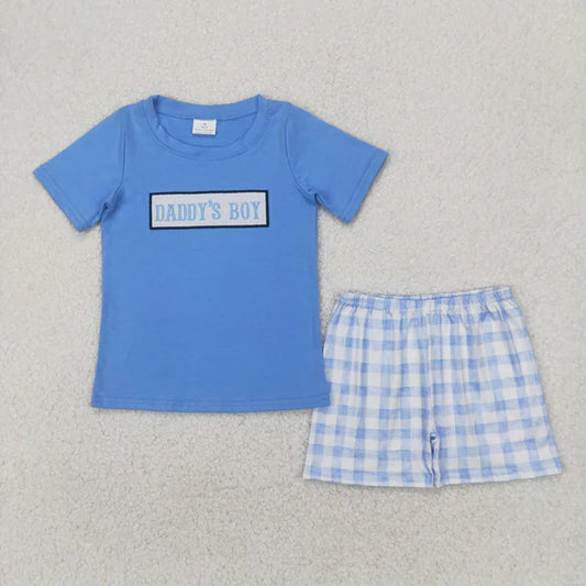 4.8 BSSO1433 Embroidery Baby Boys Blue Short Sleeves DADDY'S BOY Top Plaid Short Set