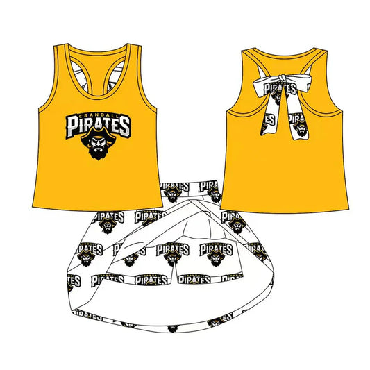 8.19  Custom Moq 5 Baby Girls Pirates bow vest team Top Skirt Skort Sets