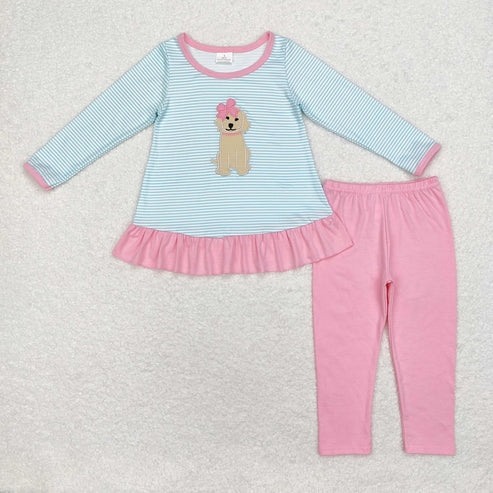 10.31 Sibling Baby Girls Embroidery Bows Dogs Stripe Tunic Leggings Pants Valentine Clothes Sets
