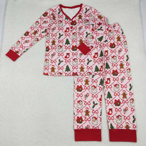 10.18 GLP2815 Adult Women Red Bows Santa Gifts Plaid Top Pant Christmas Pajamas Set