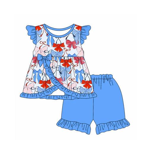 3.22 GSSO2409 Baby Girls Flutter Sleeves Blue Red Bows Tunic Ruffle Short 4th Of July Set Preorder